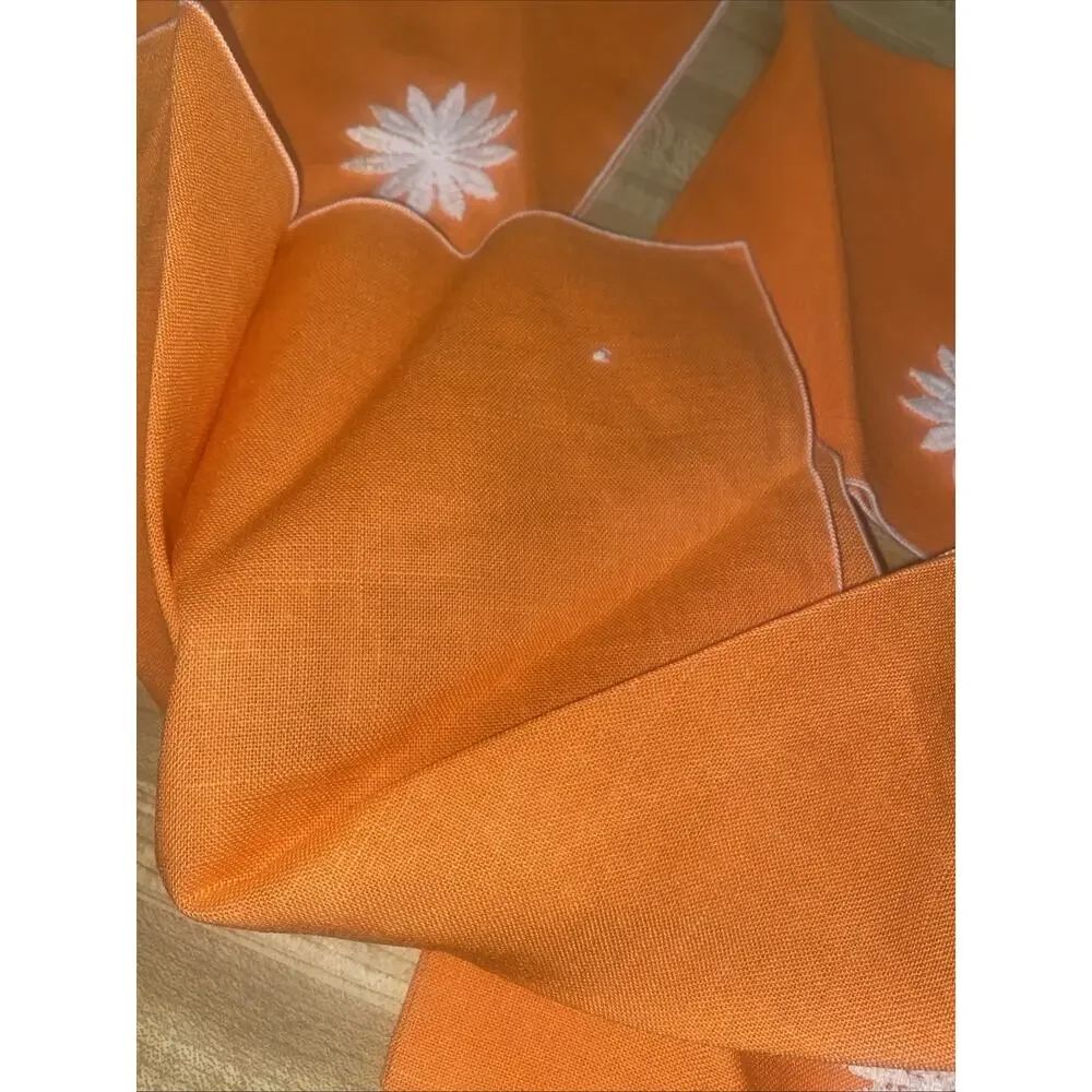 Set Of Four Vintage Orange Cocktail Napkins Linen White Flower Appliqué